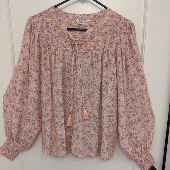 Vintage Nanette Lepore Pink Floral Womens Blouse Large Smocked Tassel Boho Y2K - Picture 1 of 10